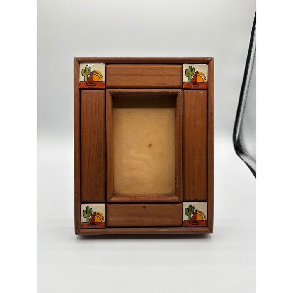 Southwestern Wood Picture Frame Coyote Cactus Desert Sunset Ceramic Tile Inlay